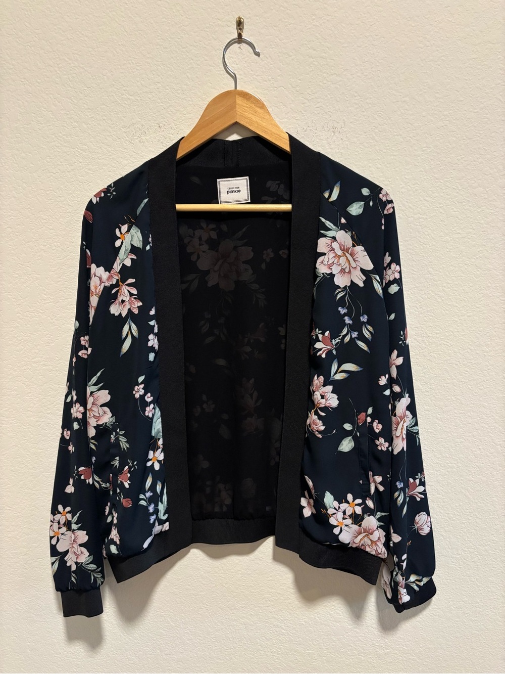 Floral Open-Front Navy Bomber Jacket Kimono Style